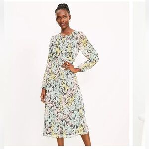 LOFT Pastel Floral Midi Dress - Black Base with Pink, Yellow, Mint